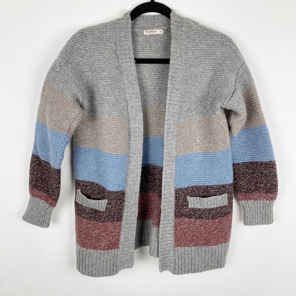 WoolOvers Striped Knit Open Front Cardigan Sweater Women's Size M Grey Lambswool